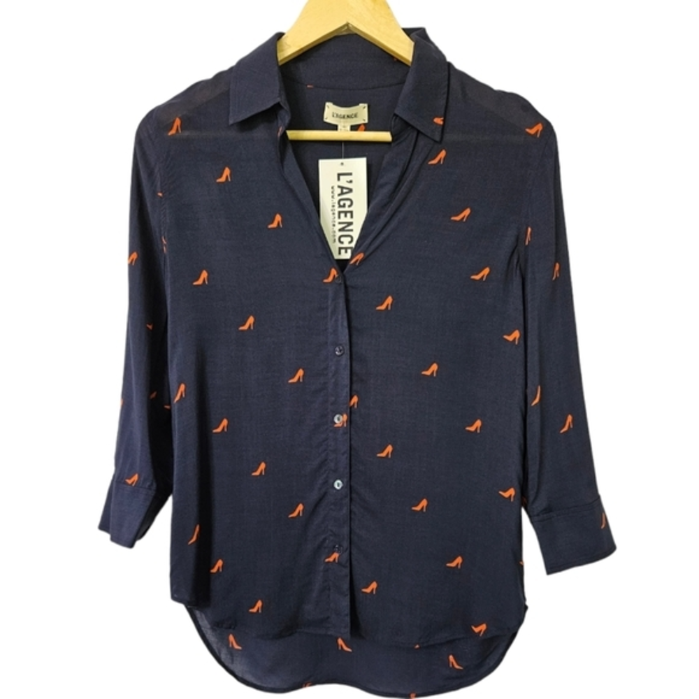 L'AGENCE  Navy‎ Blue Printed Button Down Top,Blouse Size XS
